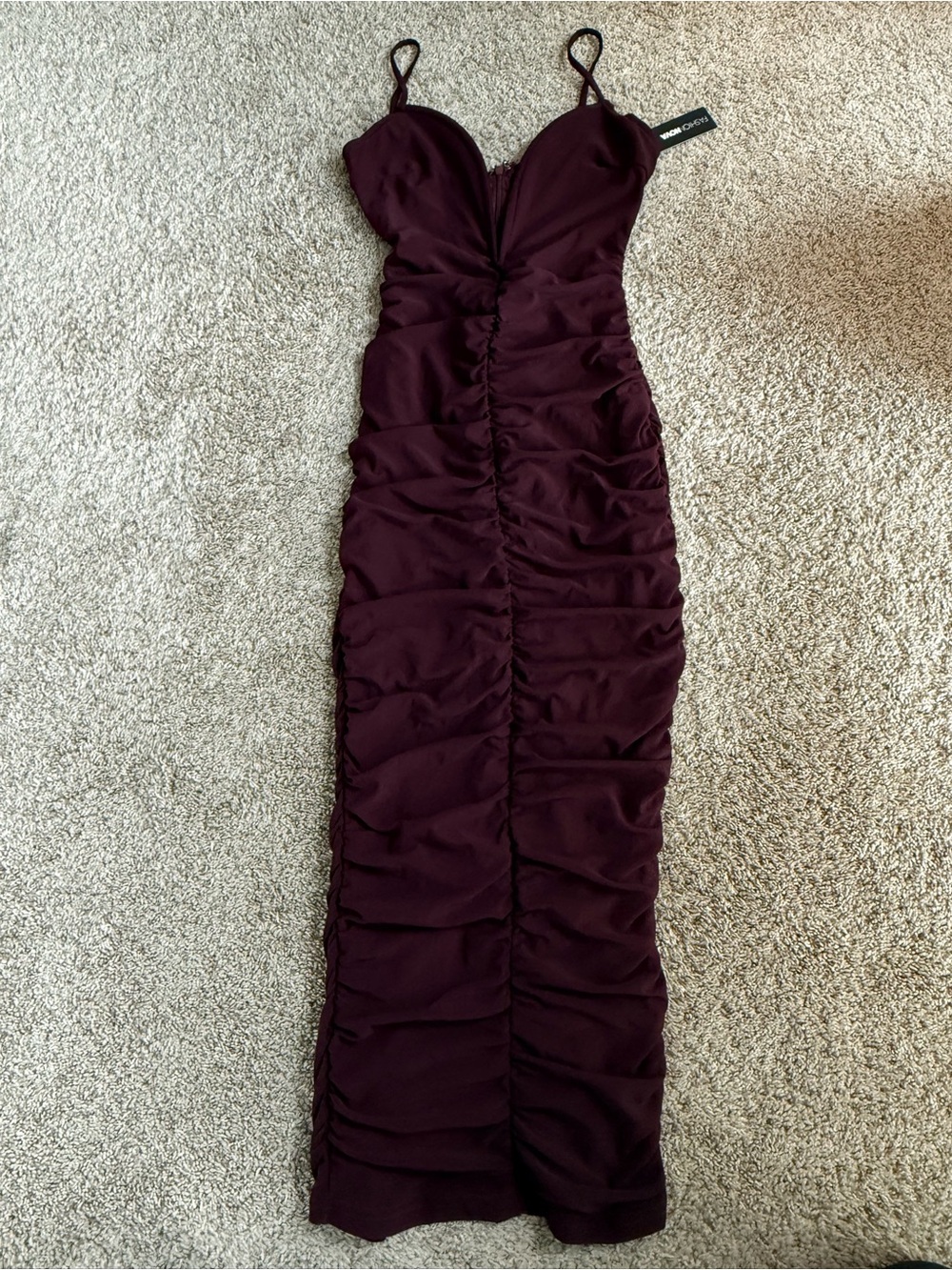 Fashion Nova Private Dinner Burgundy Ruched Mesh Midi Dress NWT S